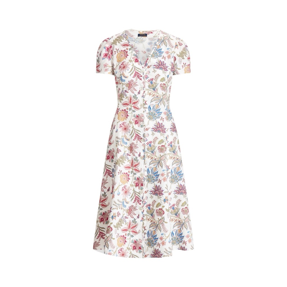Polo Ralph Lauren Floral 100% Linen V-Neck Midi Dress Pink Elegant 8/M - Picture 13 of 16